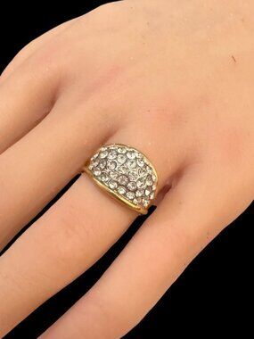 18K H.G.E. Gold-Plated Dome Ring With Clear Crystals Size 7 Elegant Pave-Style S